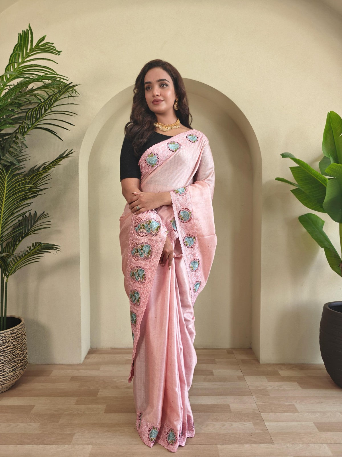 Soft tussar silk with Embroidered cutwork Designer saree blouse