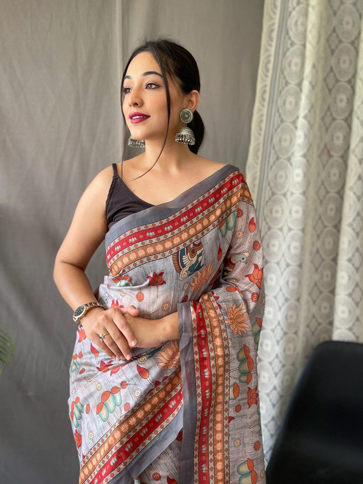 Pure malai cotton kalamkari Printed Tassels with Pallu Weaving saree