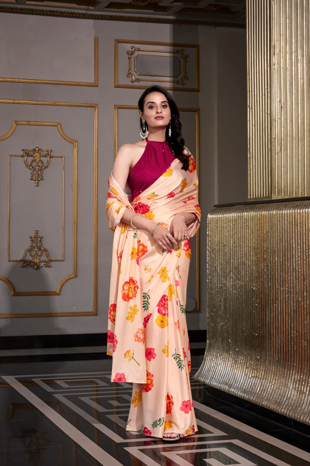 Designer Satin silk Digital print work Printed saree with Unstitched blouse