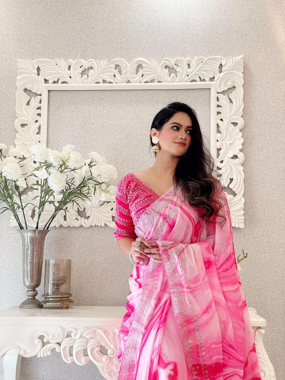Printed saree Weight Less Fabric and Embroidery work with Sequence Arc-Cut Border