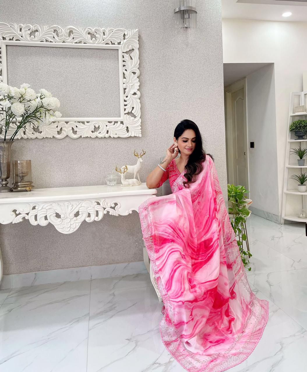 Printed saree Weight Less Fabric and Embroidery work with Sequence Arc-Cut Border