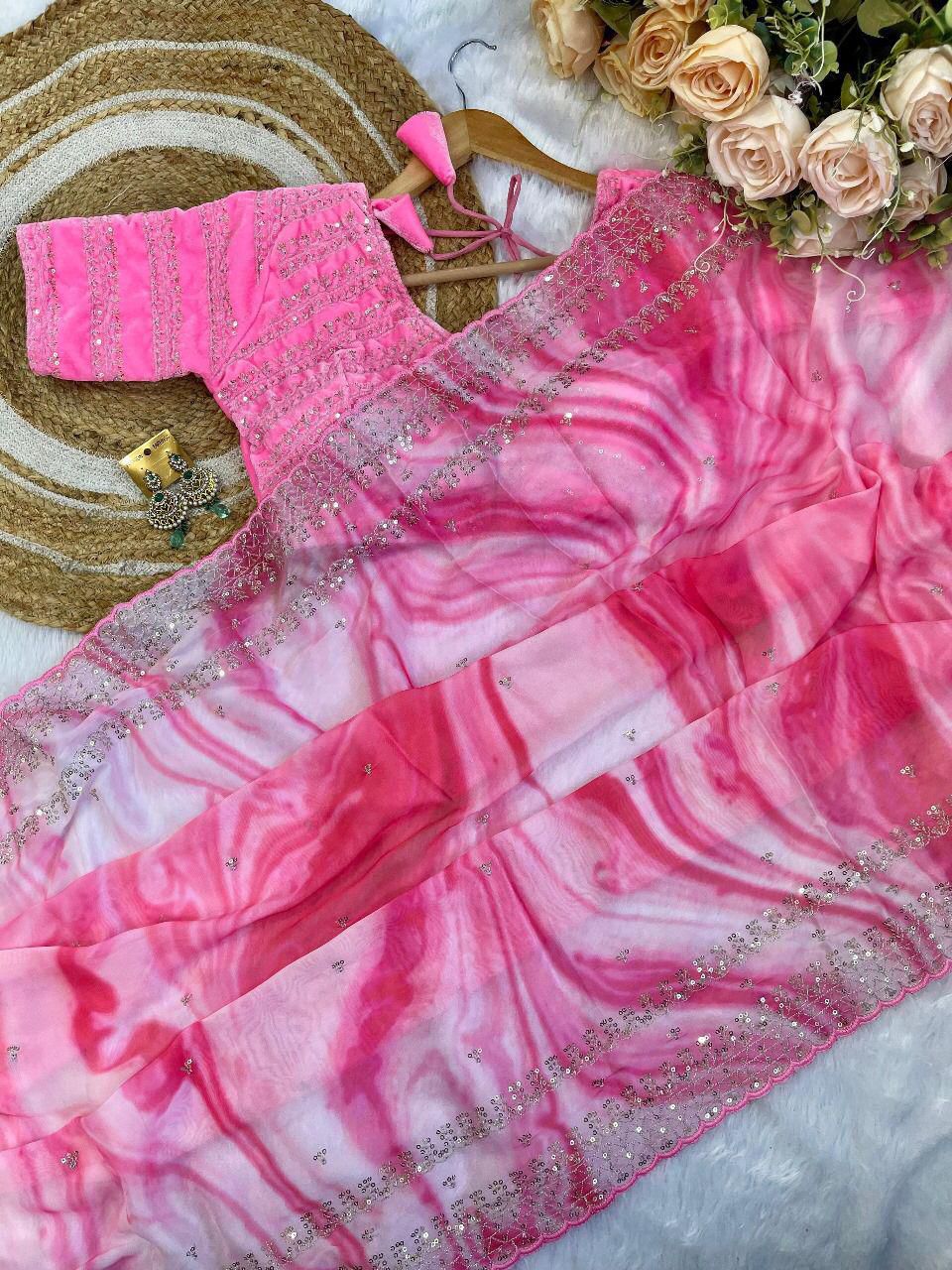 Printed saree Weight Less Fabric and Embroidery work with Sequence Arc-Cut Border