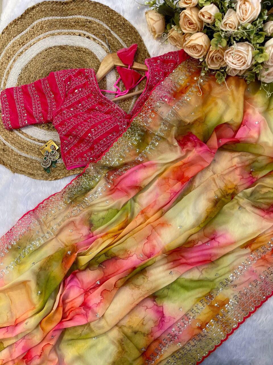 Printed saree Weight Less Fabric and Embroidery work with Sequence Arc-Cut Border