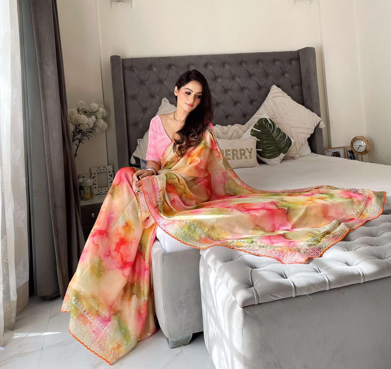 Printed saree Weight Less Fabric and Embroidery work with Sequence Arc-Cut Border