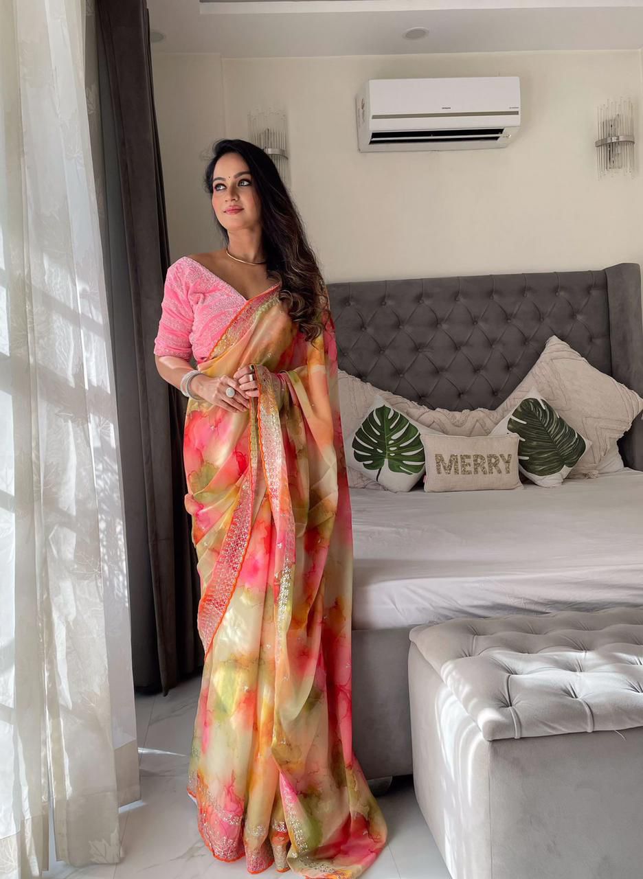 Printed saree Weight Less Fabric and Embroidery work with Sequence Arc-Cut Border