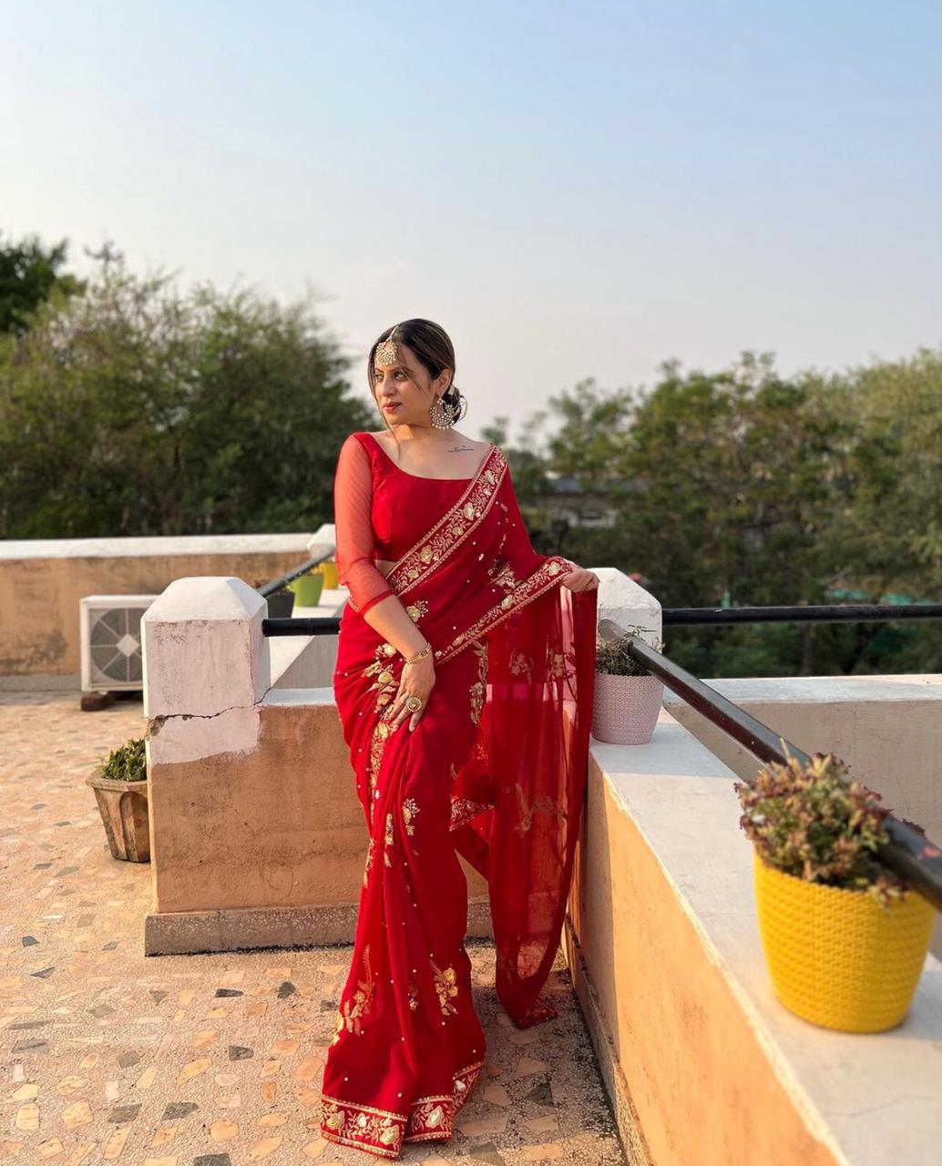 Red Saree Georgette Fabric with Embroidery work with Sequence Sari