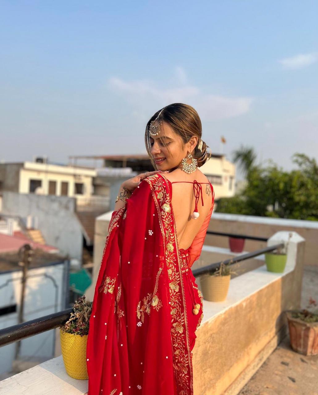 Red Saree Georgette Fabric with Embroidery work with Sequence Sari