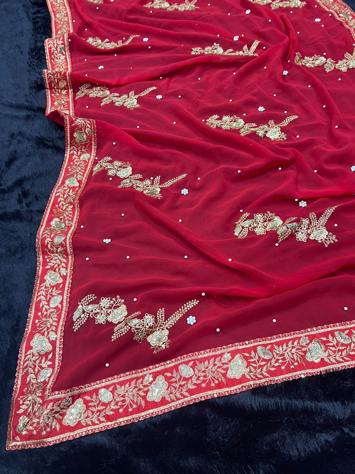 Red Saree Georgette Fabric with Embroidery work with Sequence Sari