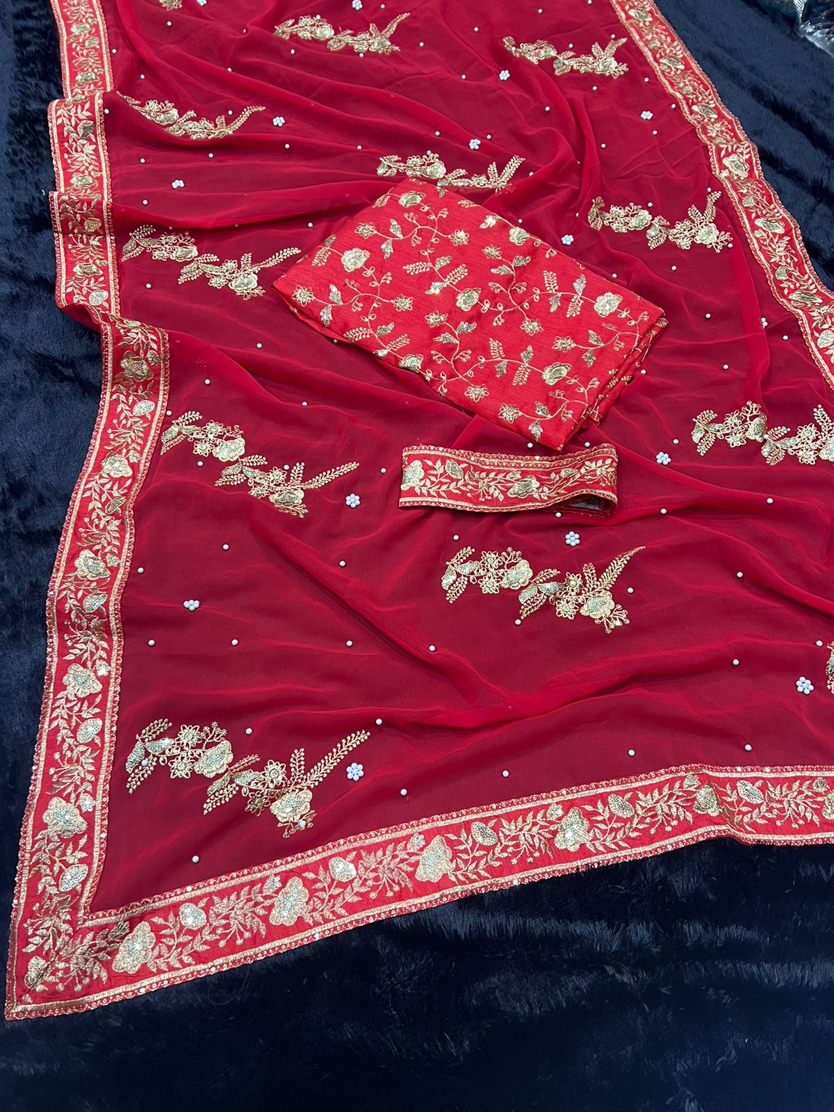 Red Saree Georgette Fabric with Embroidery work with Sequence Sari