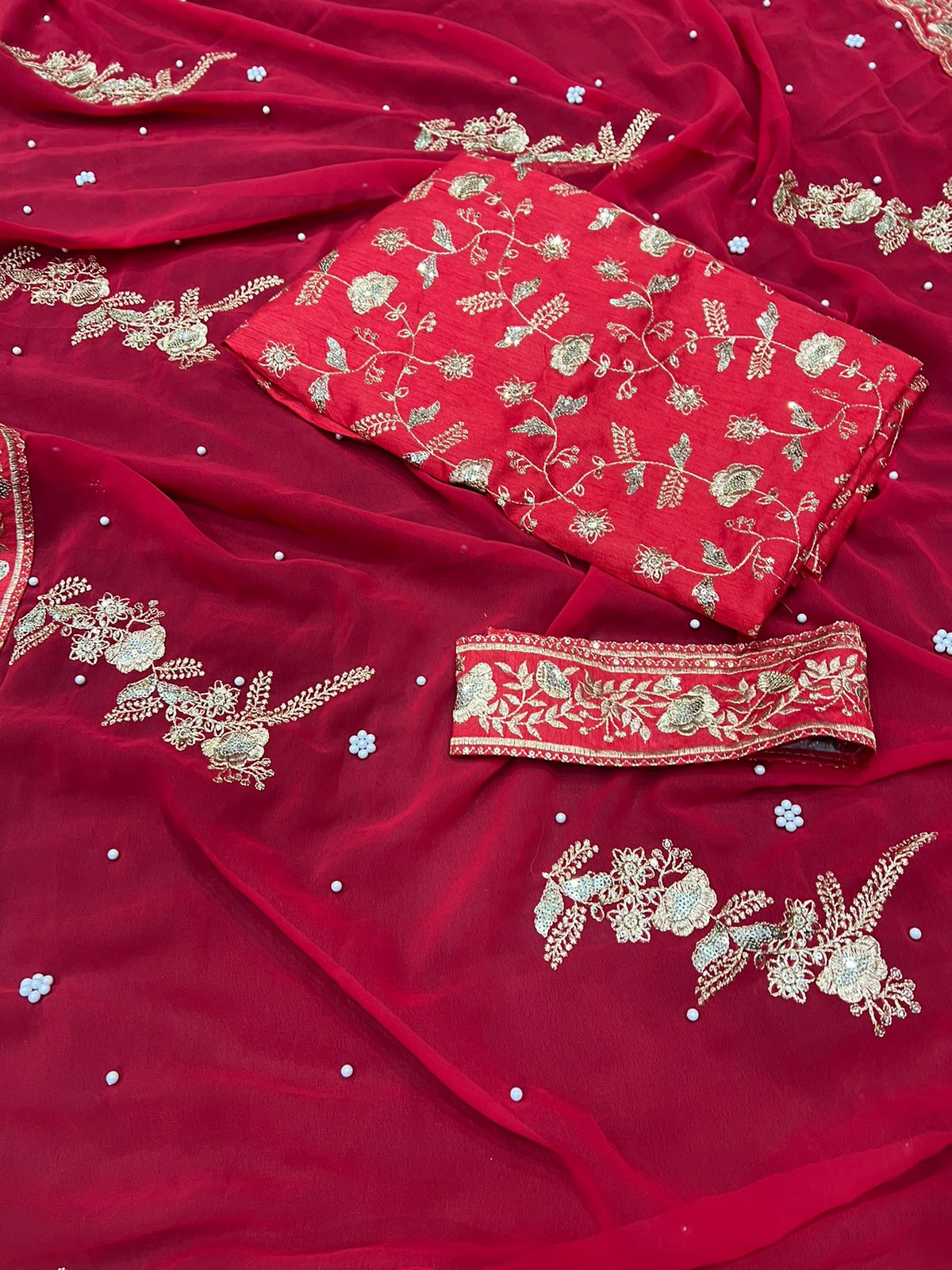 Red Saree Georgette Fabric with Embroidery work with Sequence Sari