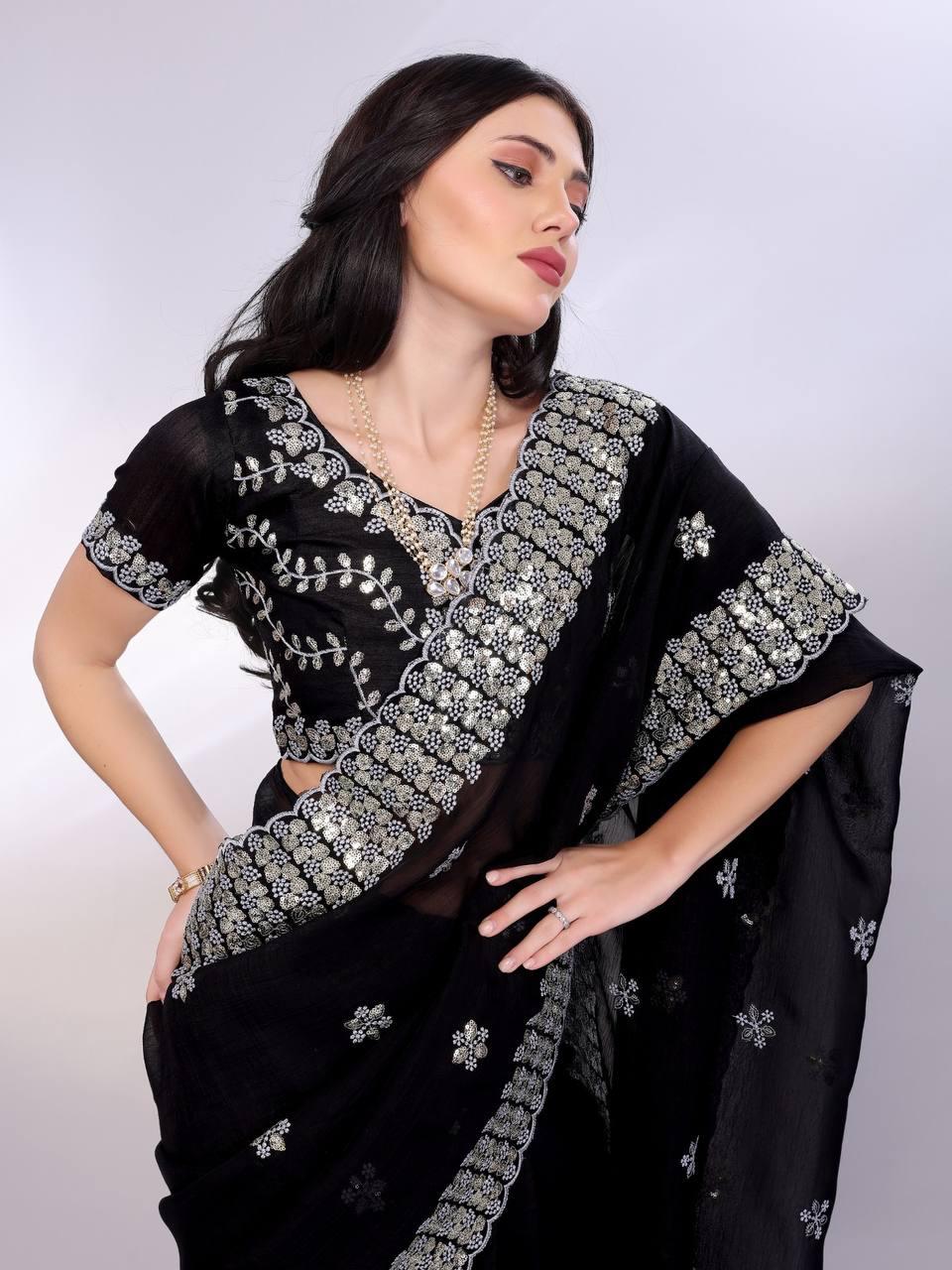 Tussar silk fabric with sequence cut work saree Women's wear Embroidered saree