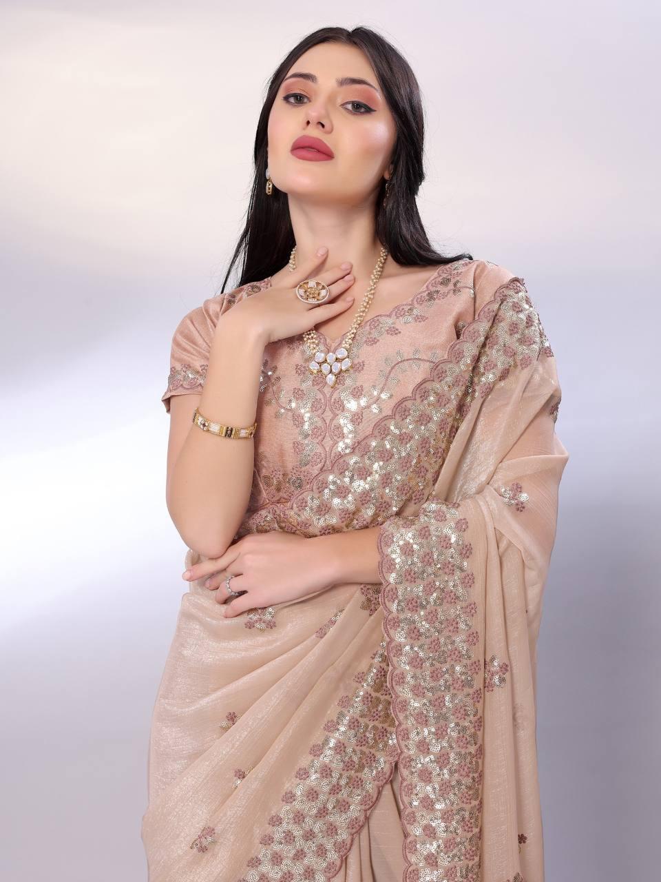 Tussar silk fabric with sequence cut work saree Women's wear Embroidered saree