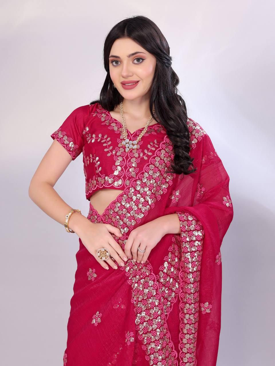 Tussar silk fabric with sequence cut work saree Women's wear Embroidered saree