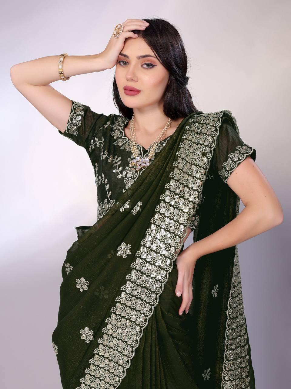Tussar silk fabric with sequence cut work saree Women's wear Embroidered saree