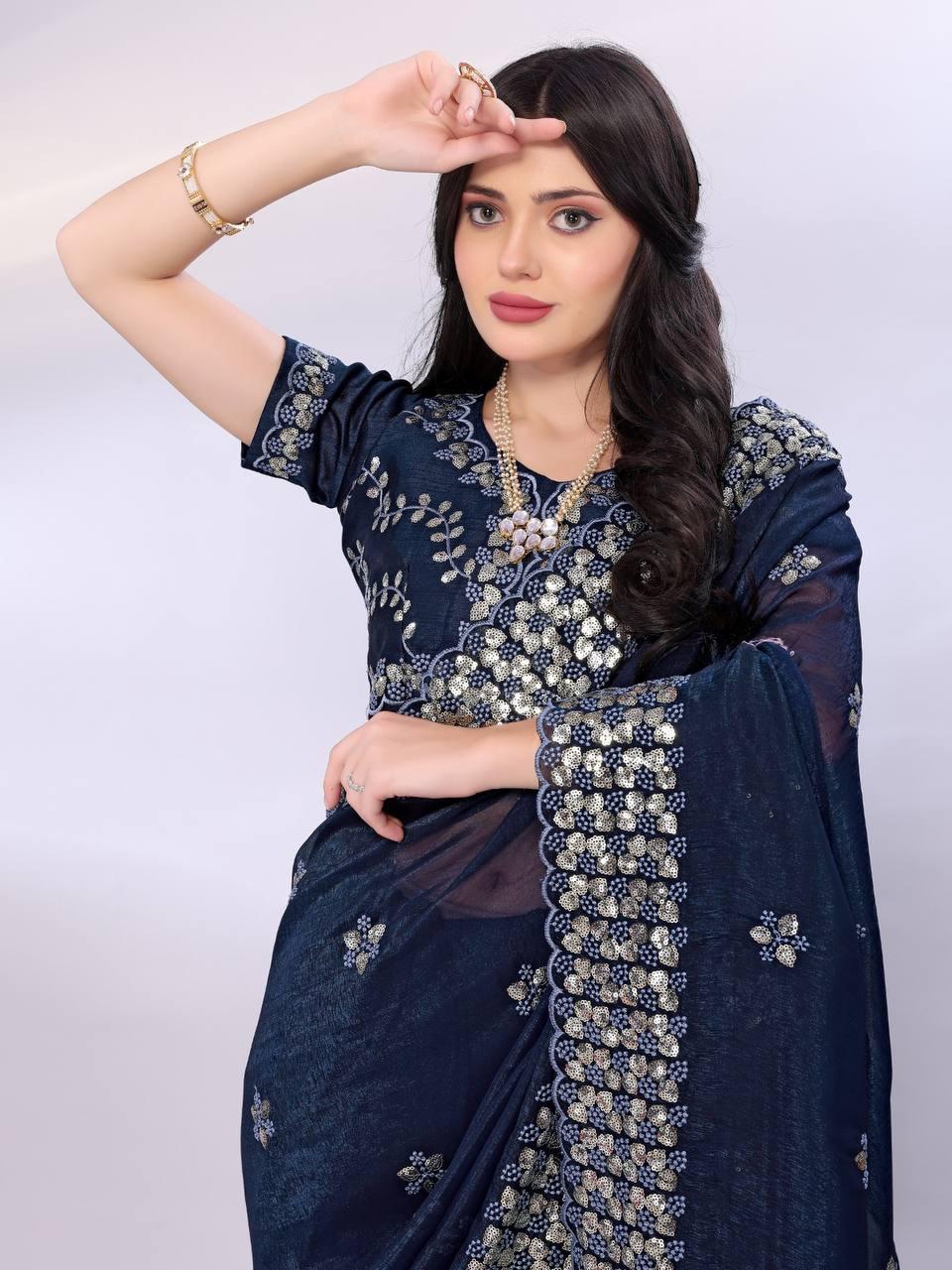 Tussar silk fabric with sequence cut work saree Women's wear Embroidered saree
