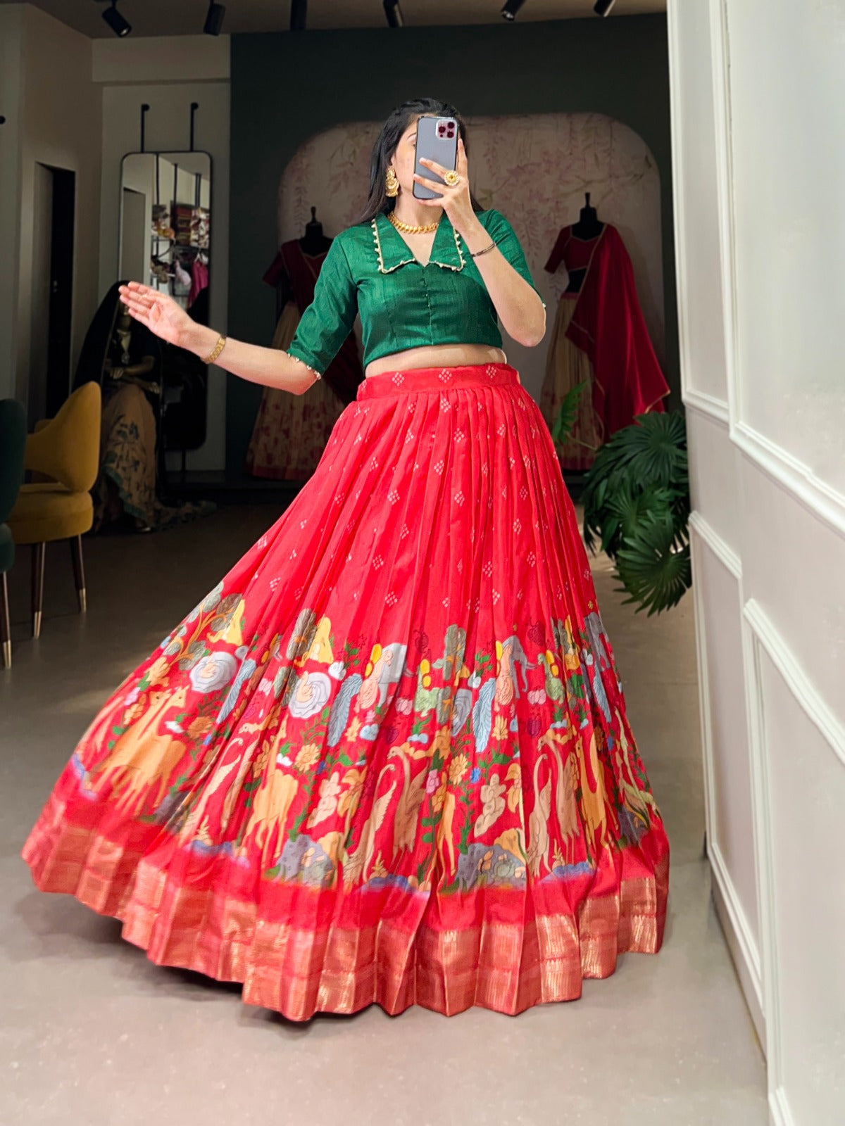 Dola silk lehenga with Kalamkari print zari weaving border Indian ethnic ghagra choli