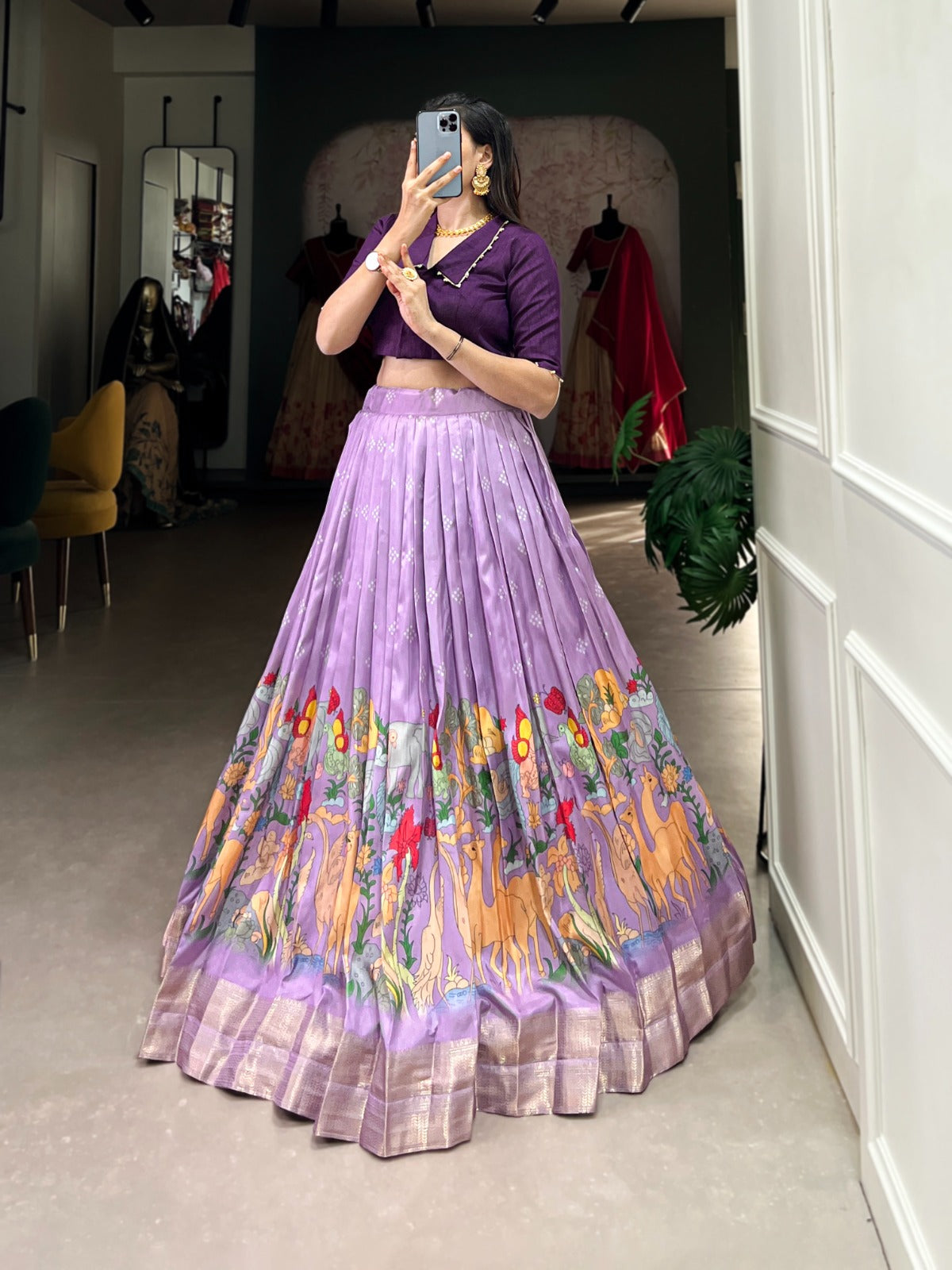 Dola silk lehenga with Kalamkari print zari weaving border Indian ethnic ghagra choli
