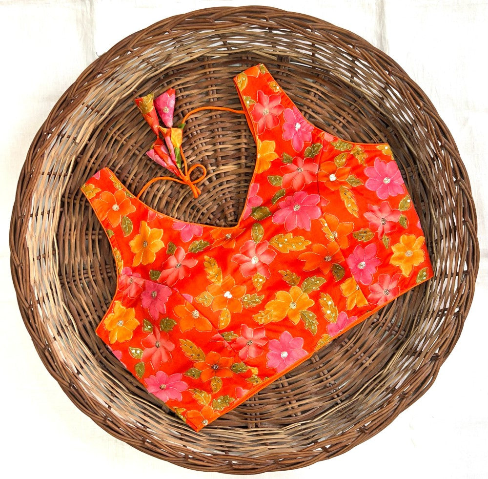 Women's wear sleeveless blouse Organza silk fabric with sequence work Printed padded blouse