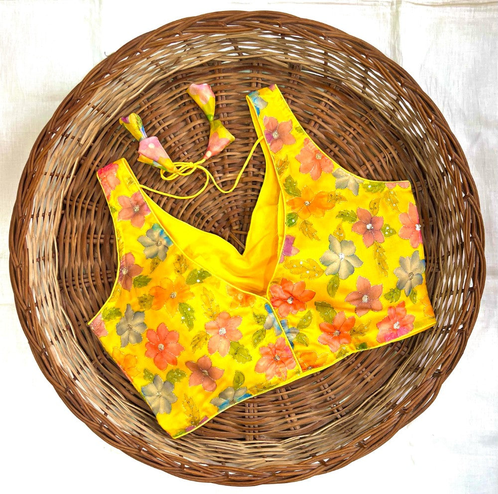 Women's wear sleeveless blouse Organza silk fabric with sequence work Printed padded blouse