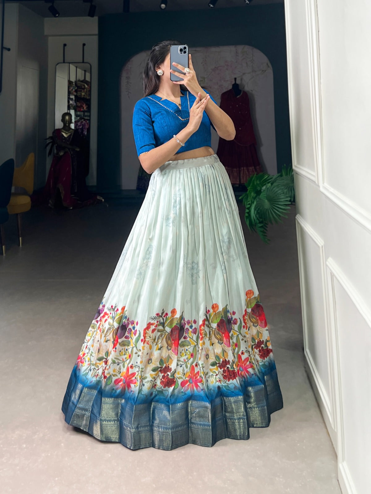 Indo western Co ord lehenga choli set Cotton silk fabric Blue lehenga with floral print work