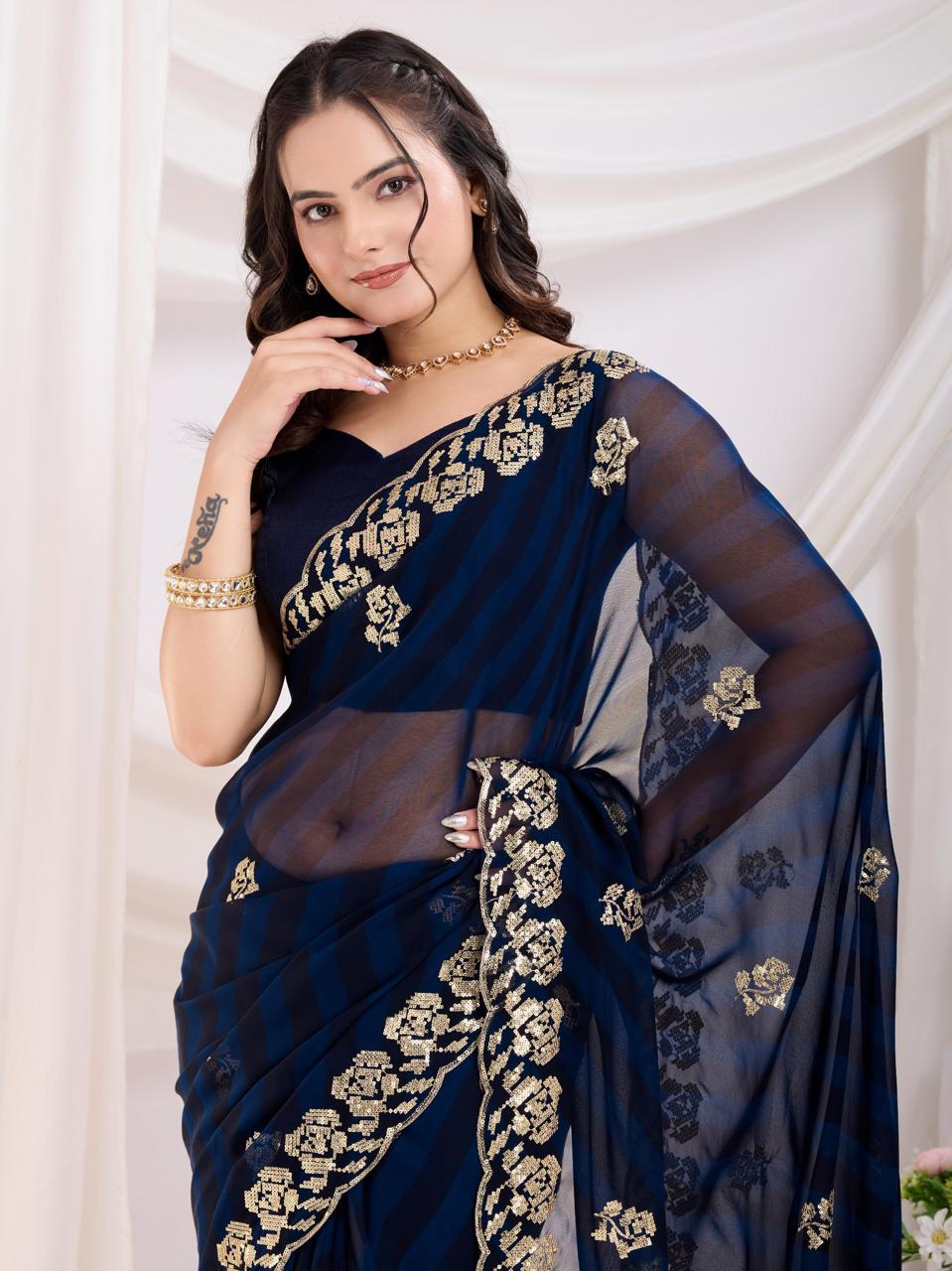 Party wear Georgette fabric Digital print work sari Women's wear Sequins saree