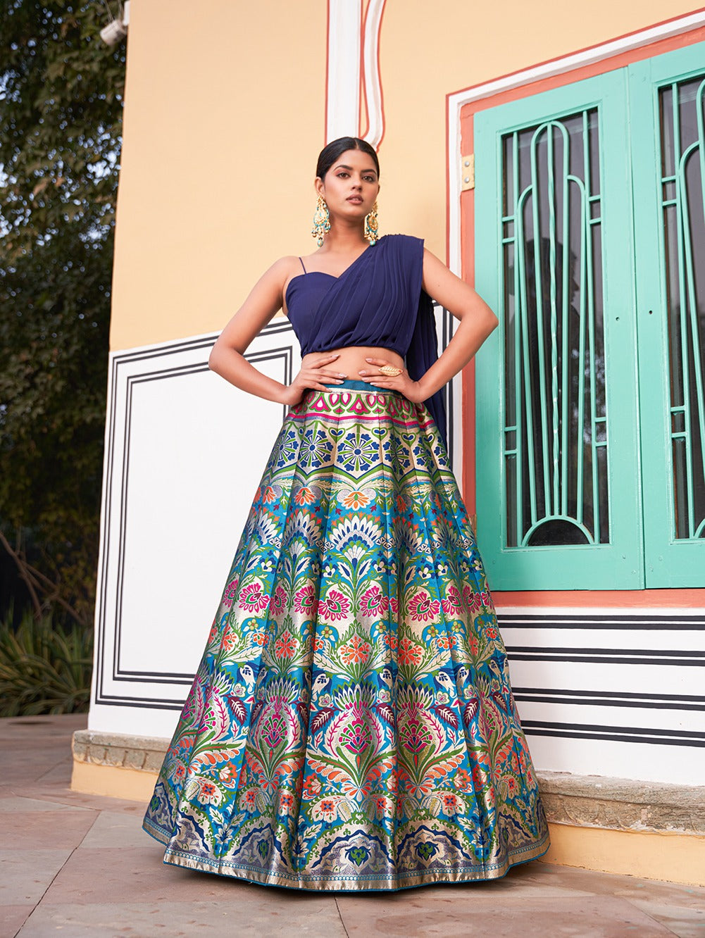 Banarasi silk lehenga choli with Zari weaving work Indo western Banarasi Lehenga choli