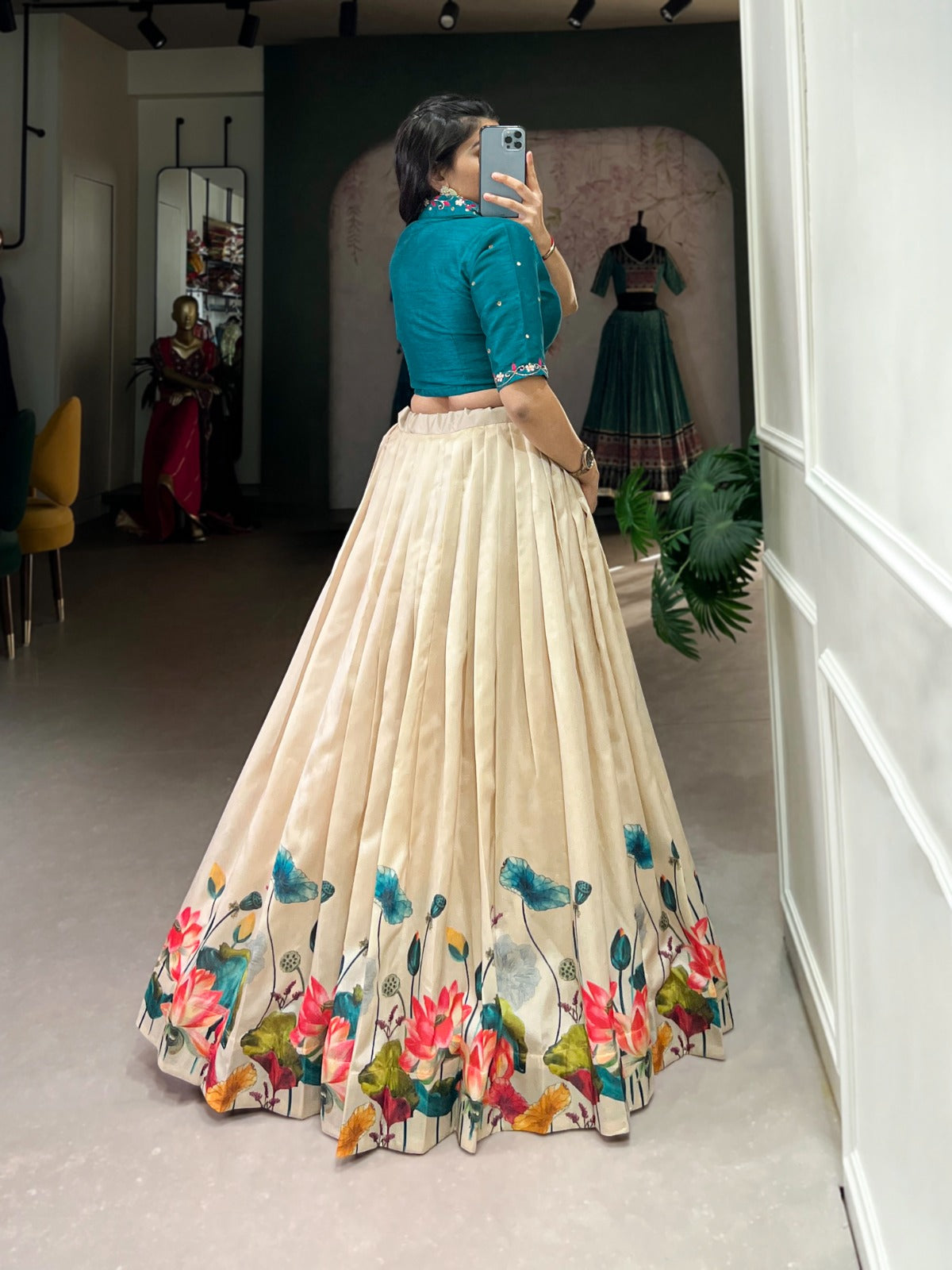 Tussar silk fabric Floral print work lehenga with stitched blouse Off White Lehenga choli