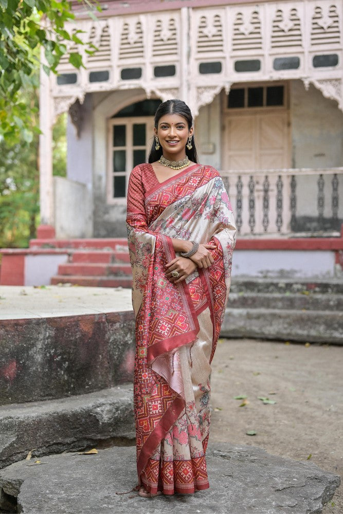 Soft tussar silk saree Patola print on pallu with floral print all over saree with contrast blouse
