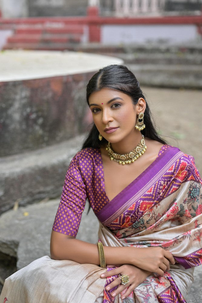Soft tussar silk saree Patola print on pallu with floral print all over saree with contrast blouse