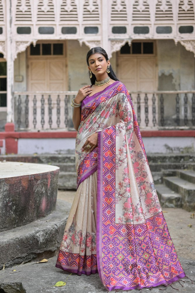 Soft tussar silk saree Patola print on pallu with floral print all over saree with contrast blouse