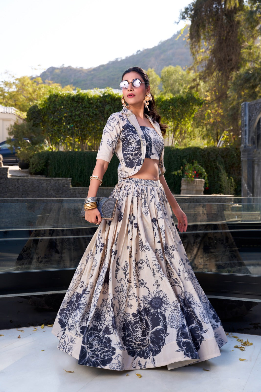 Floral print lehenga with blouse Women's wear Tussar silk fabric Lehenga choli with koti
