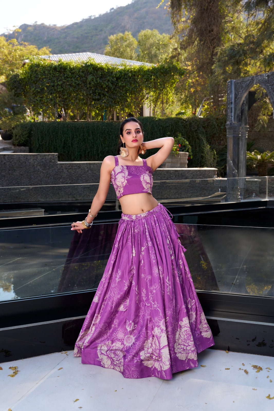 Floral print lehenga with blouse Women's wear Tussar silk fabric Lehenga choli with koti