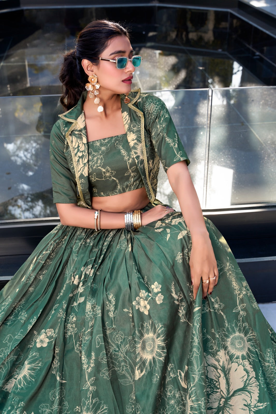 Floral print lehenga with blouse Women's wear Tussar silk fabric Lehenga choli with koti