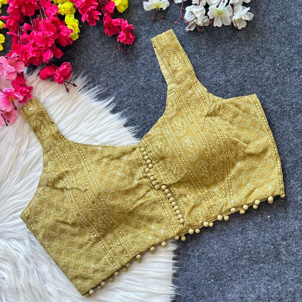 Sleeveless pom pom blouse Georgette fabric Embroidery with sequence work Padded saree blouse