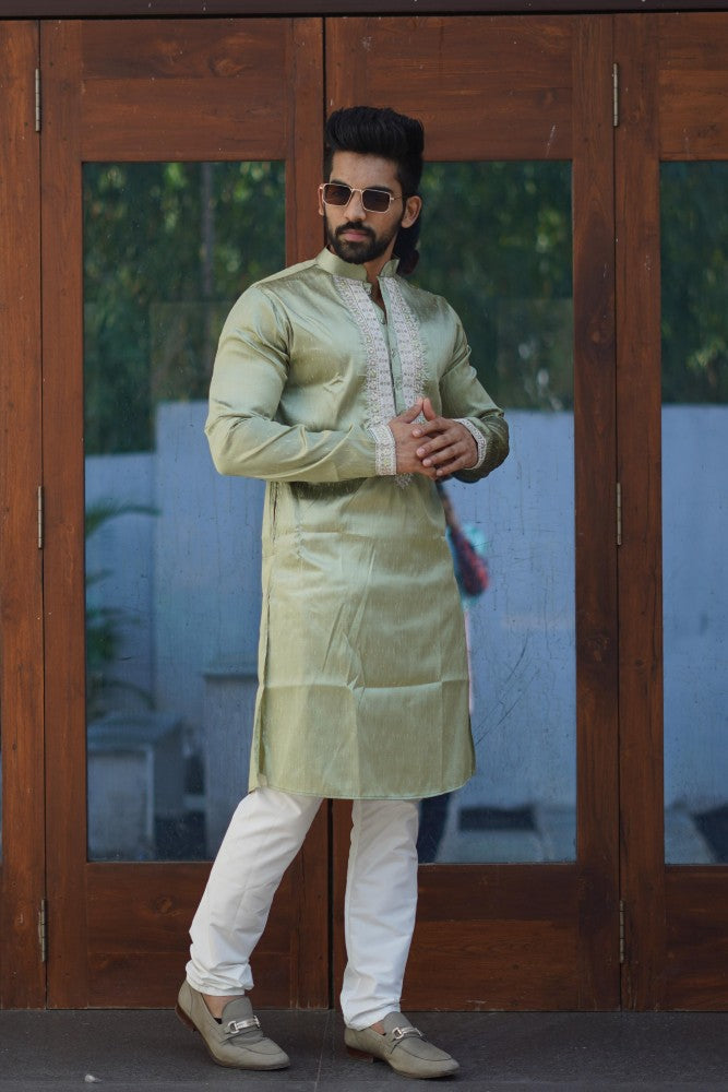 Shiny silk fabric kurta with embroidery coding work Men's kurta pajama set