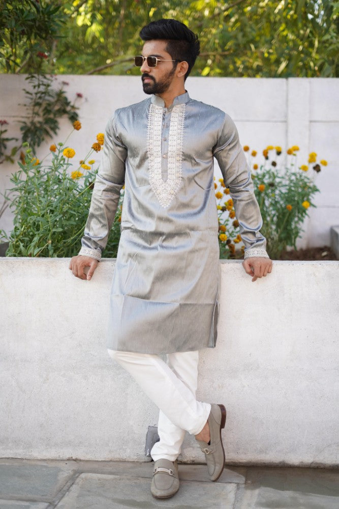 Shiny silk fabric kurta with embroidery coding work Men's kurta pajama set