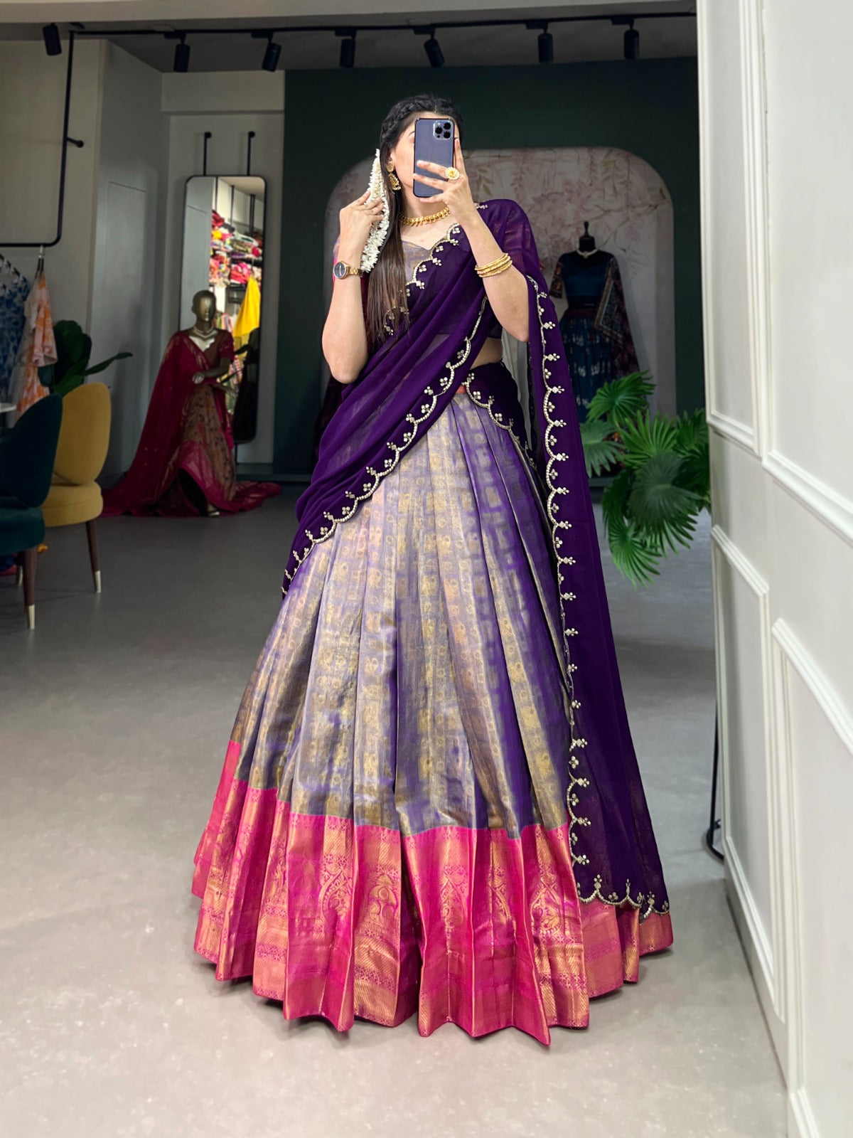 Kanjivaram with Zari weaving work Lehenga Choli with Embroidered Dupatta