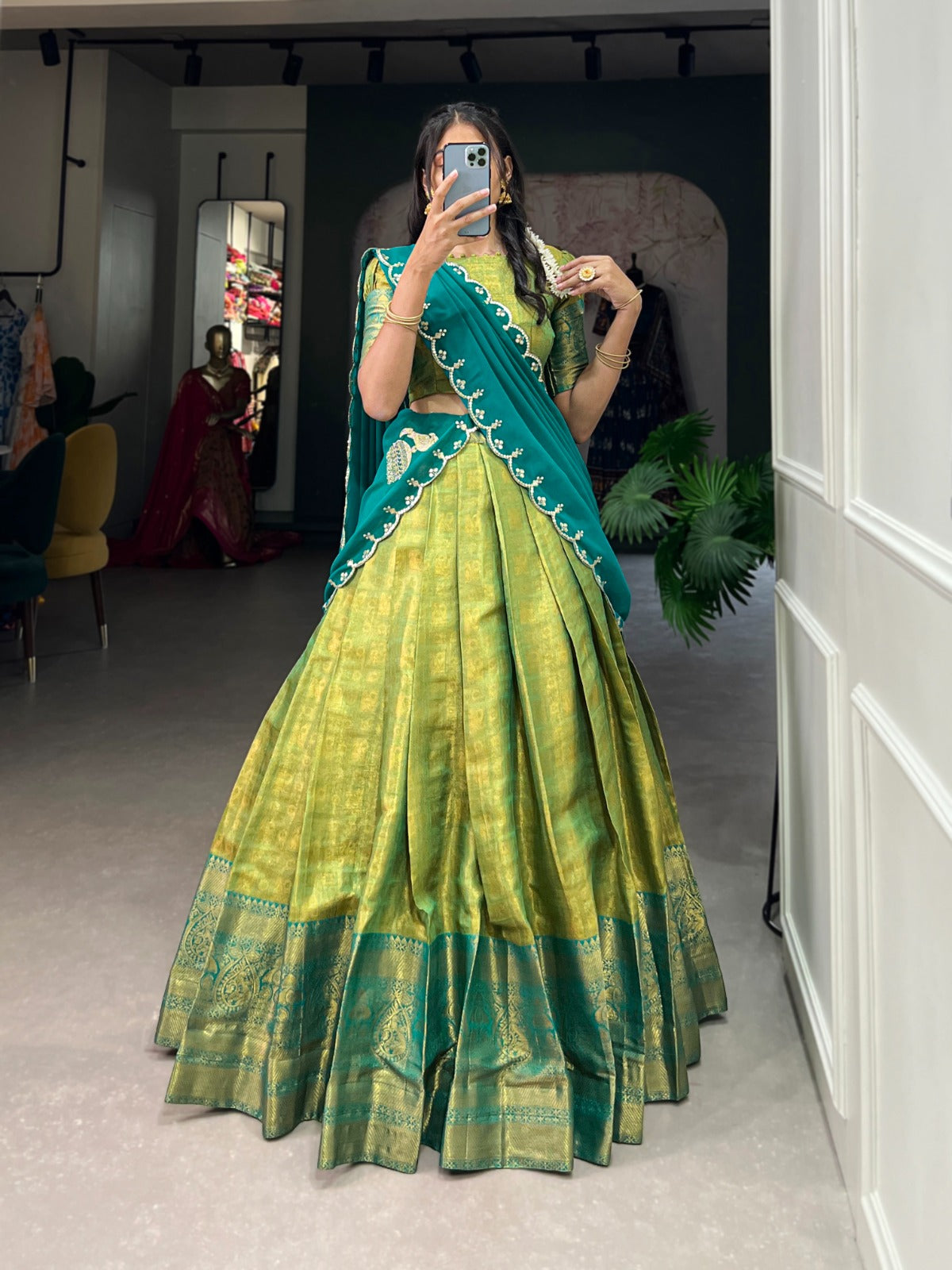 Kanjivaram with Zari weaving work Lehenga Choli with Embroidered Dupatta
