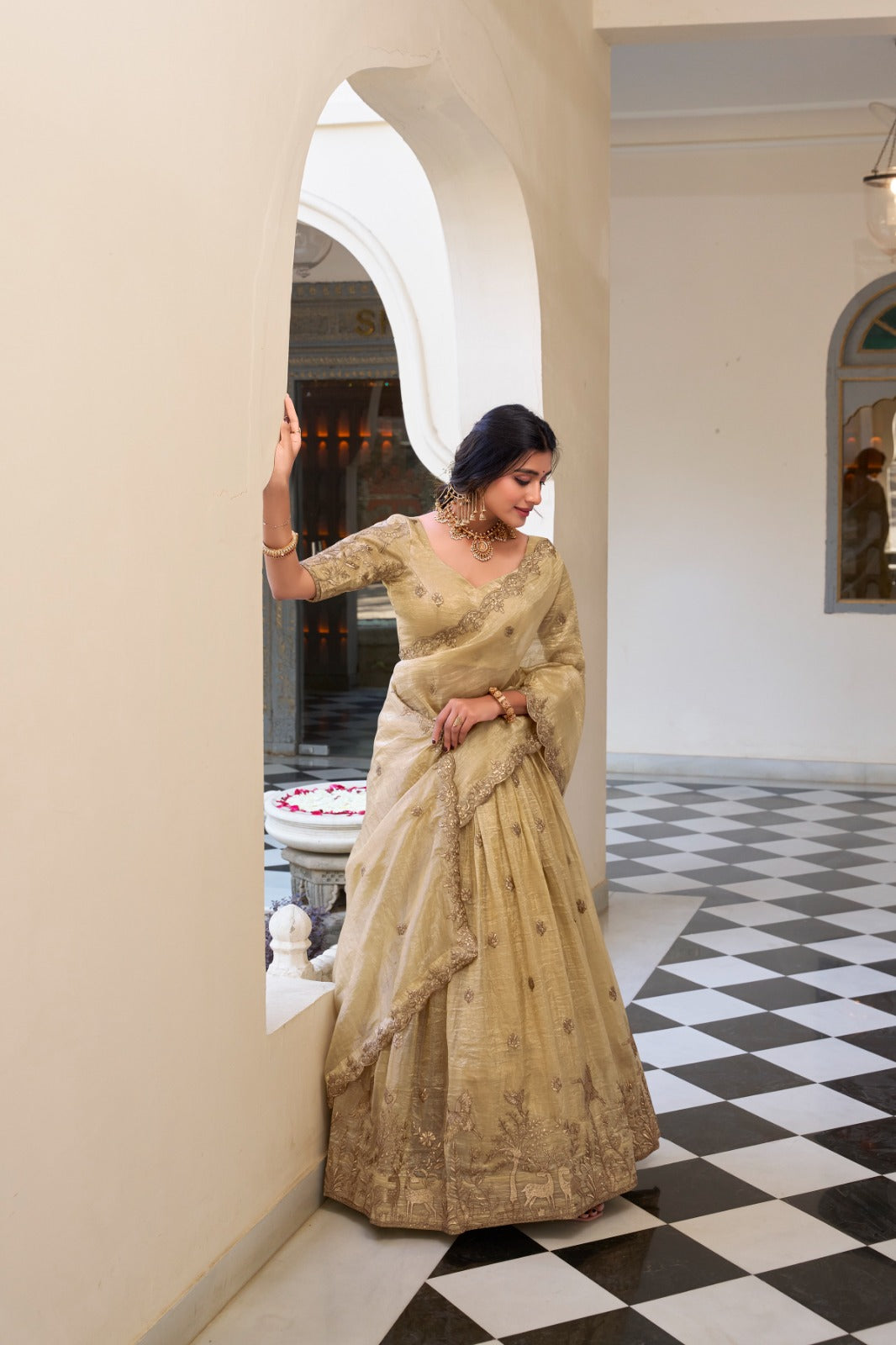 Sequins lehenga Gold crush with thread embroidery work Lehenga Choli with Dupatta