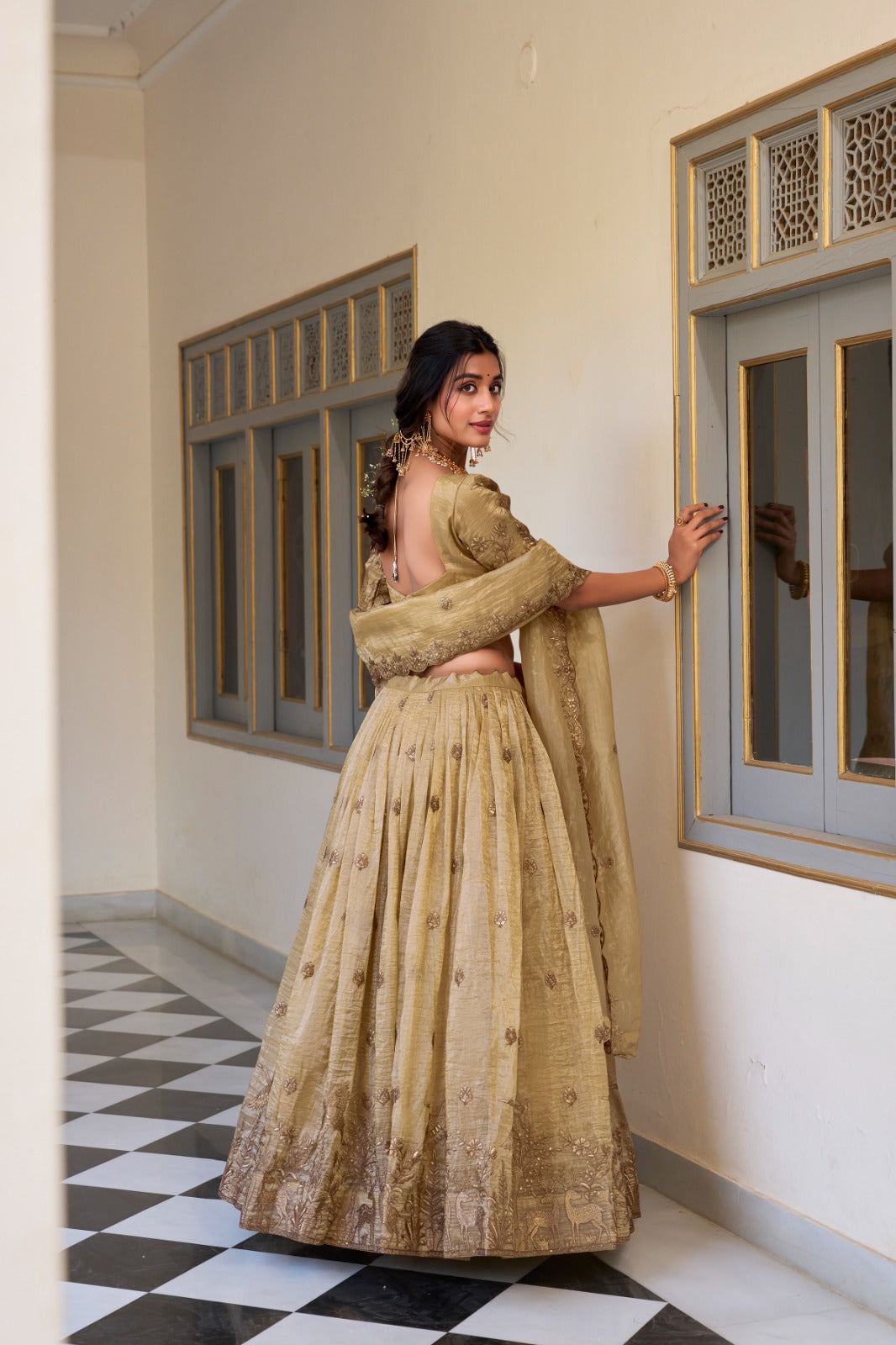 Sequins lehenga Gold crush with thread embroidery work Lehenga Choli with Dupatta