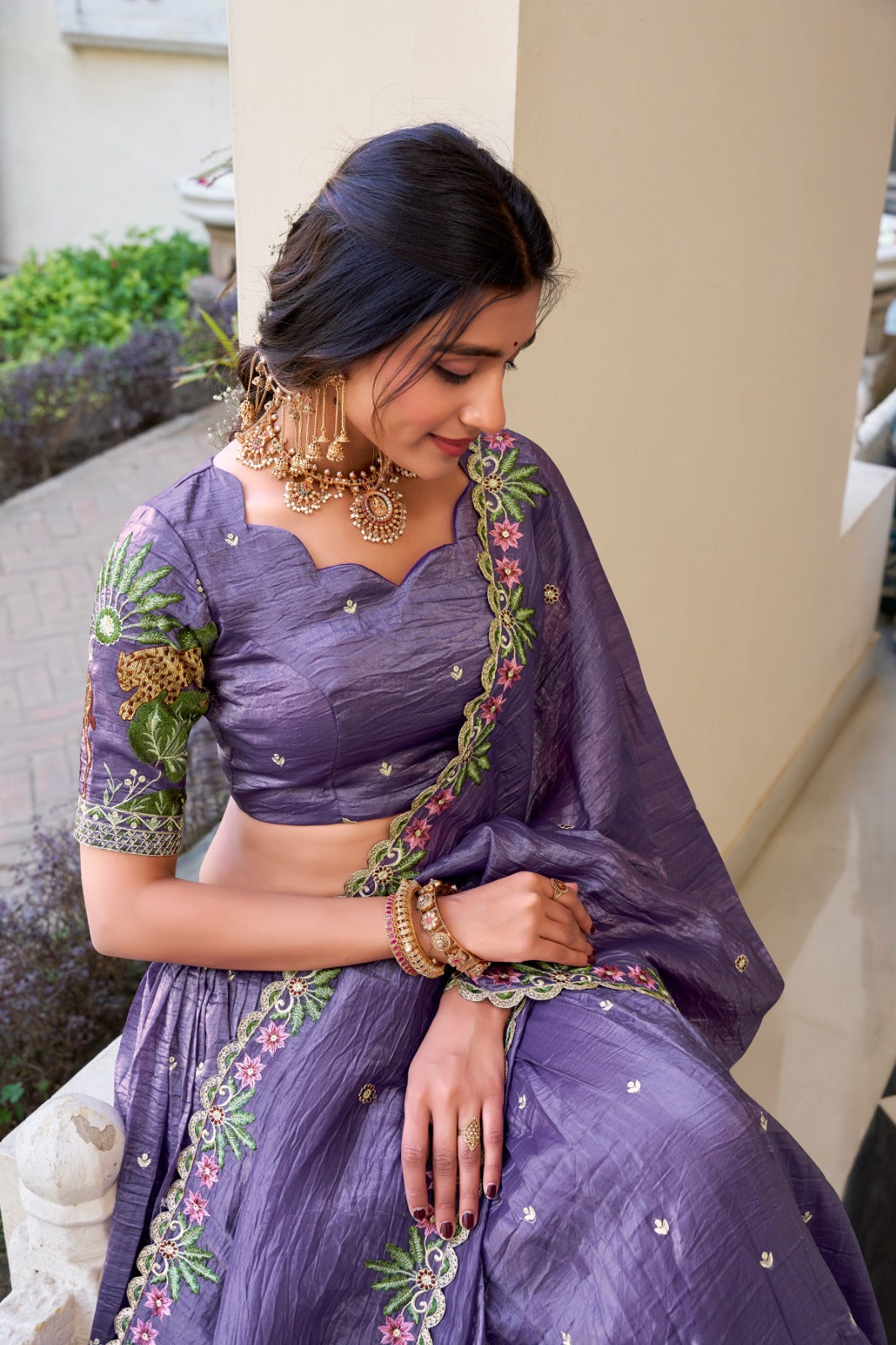 Sequins lehenga Gold crush with thread embroidery work Lehenga Choli with Dupatta