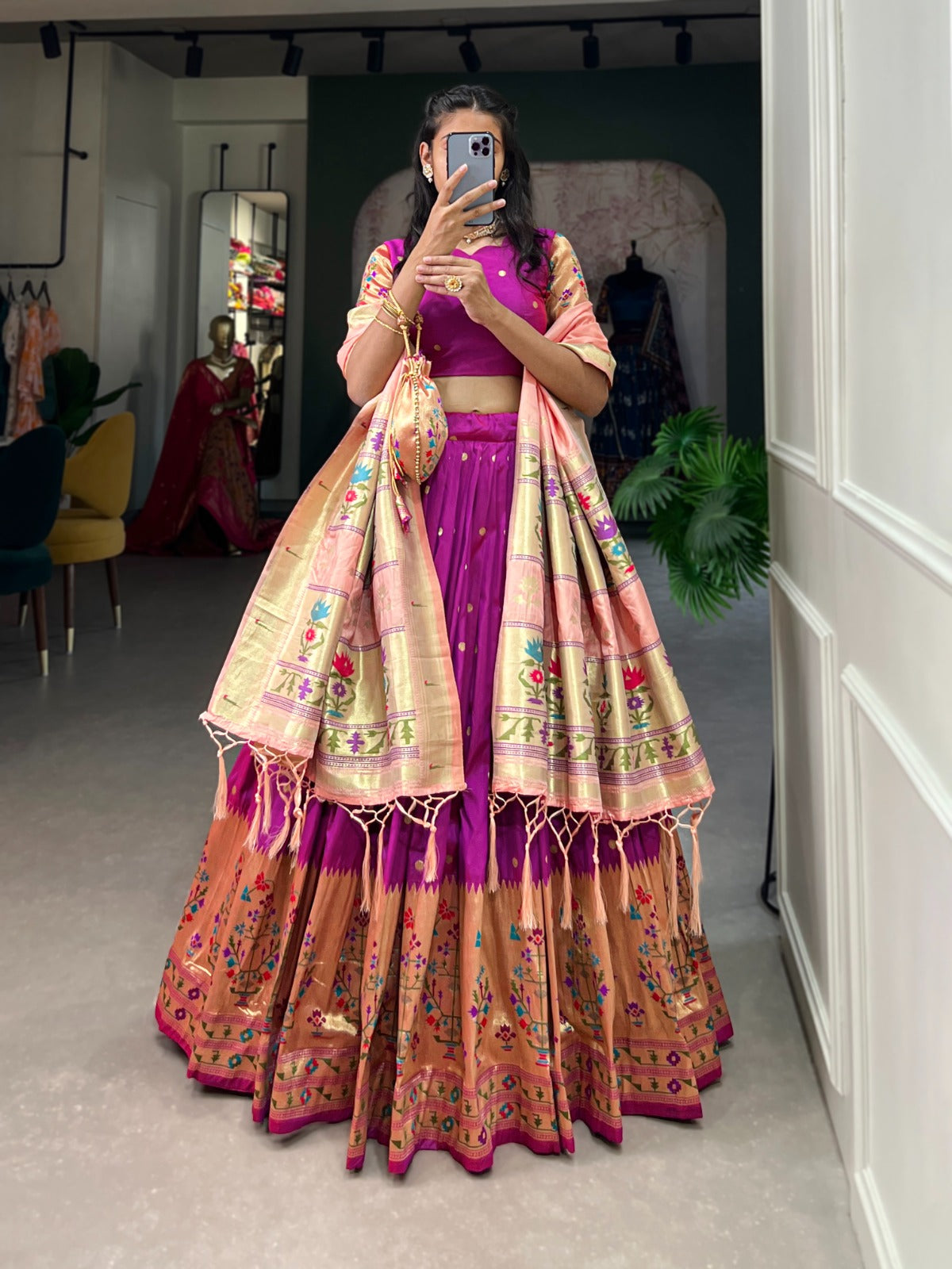 Jacquard silk with Weaving zari work Paithani Lehenga Choli with Batwa