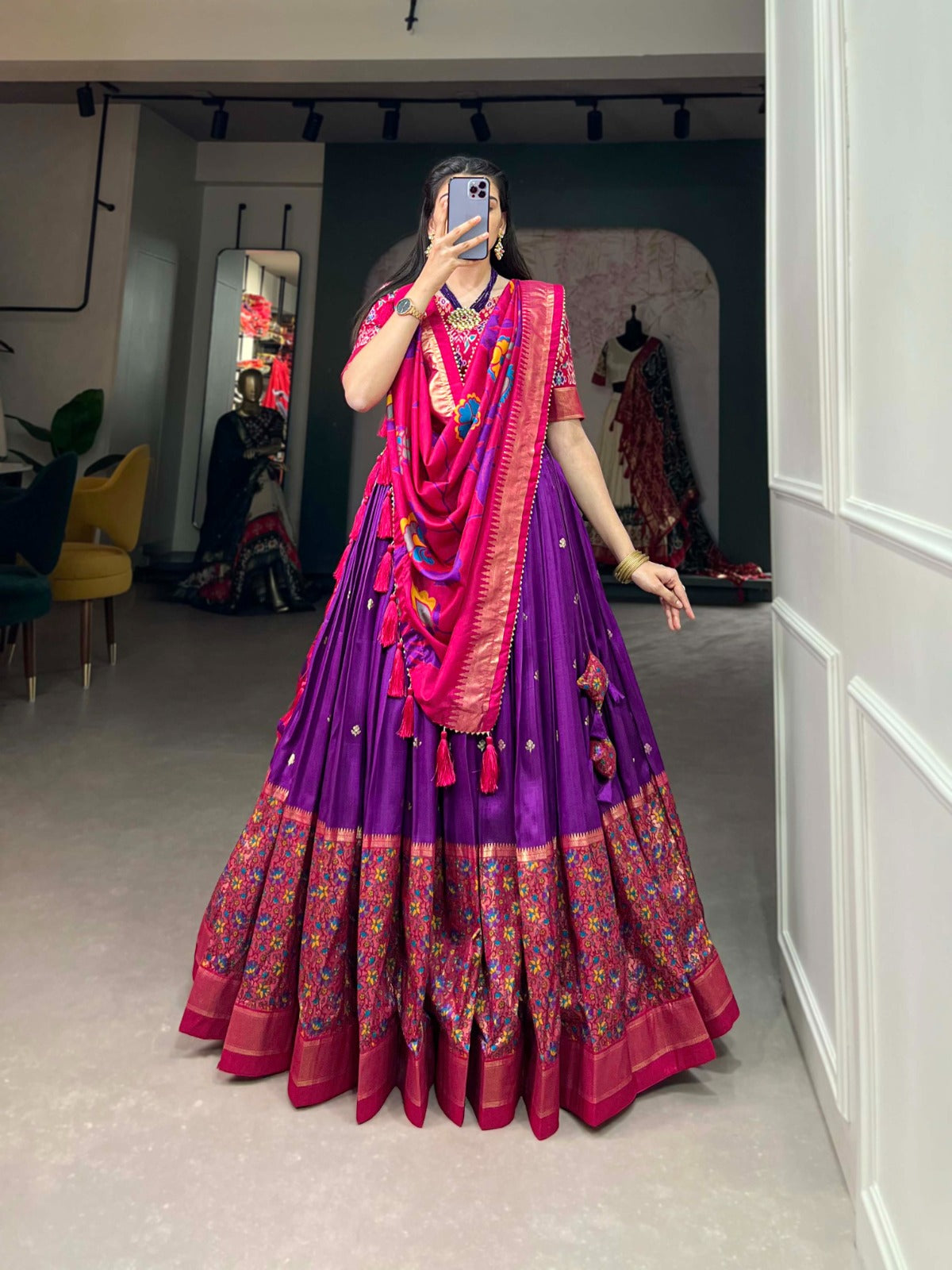 Purple tussar silk with Foil work Printed lehenga blouse with Dupatta