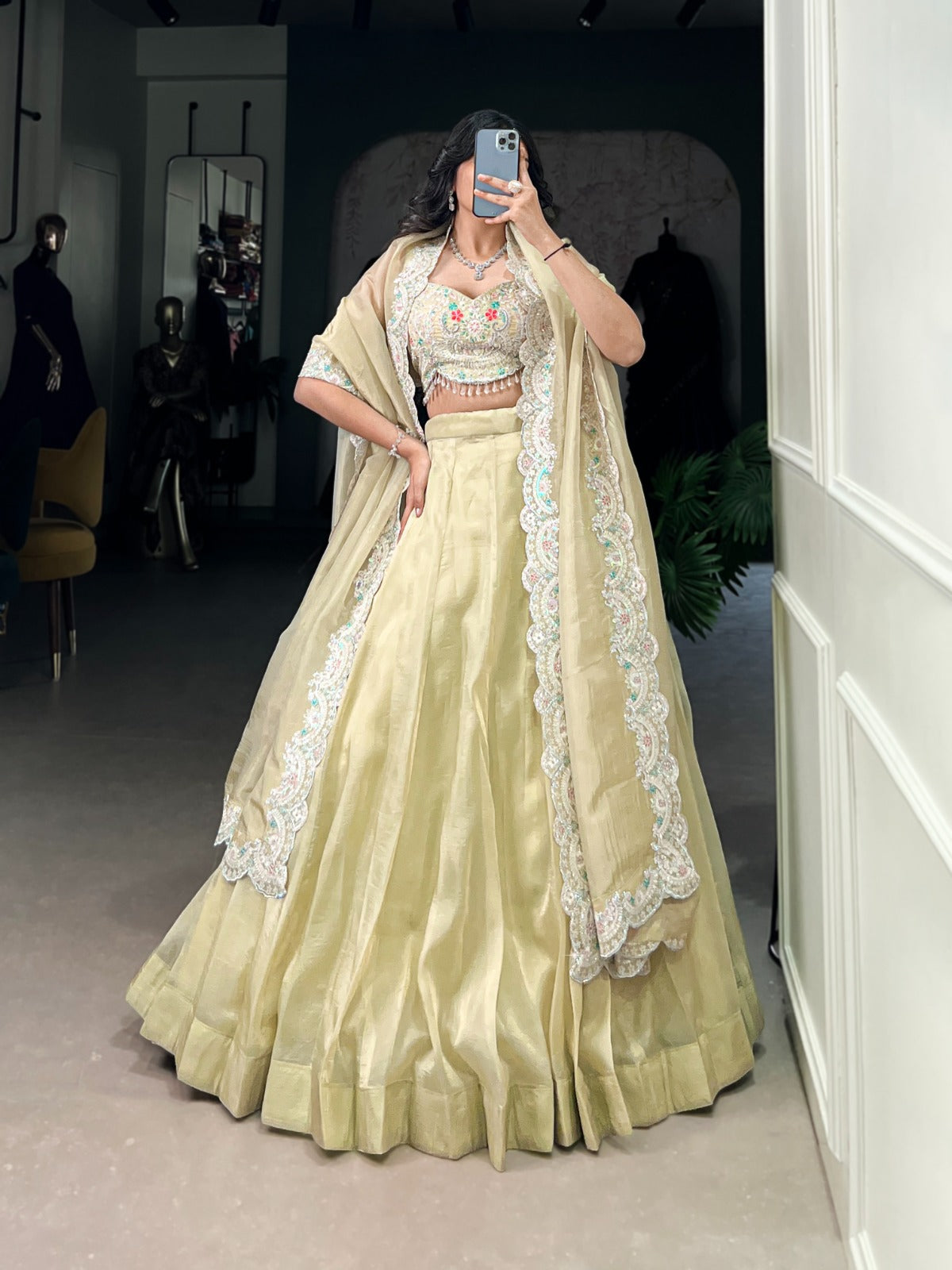 Designer Chaniya choli Gold crush fabric Plain Lehenga blouse with Dupatta