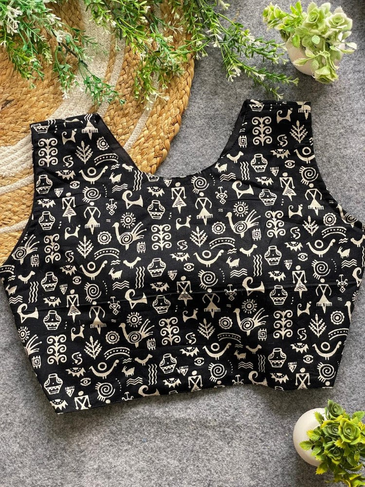 Readymade blouse V neck Sleeveless ajrakh print work Cotton blouse Padded saree blouse