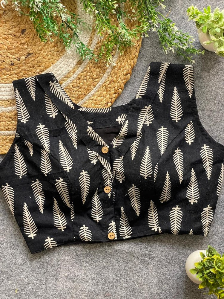 Readymade blouse V neck Sleeveless ajrakh print work Cotton blouse Padded saree blouse