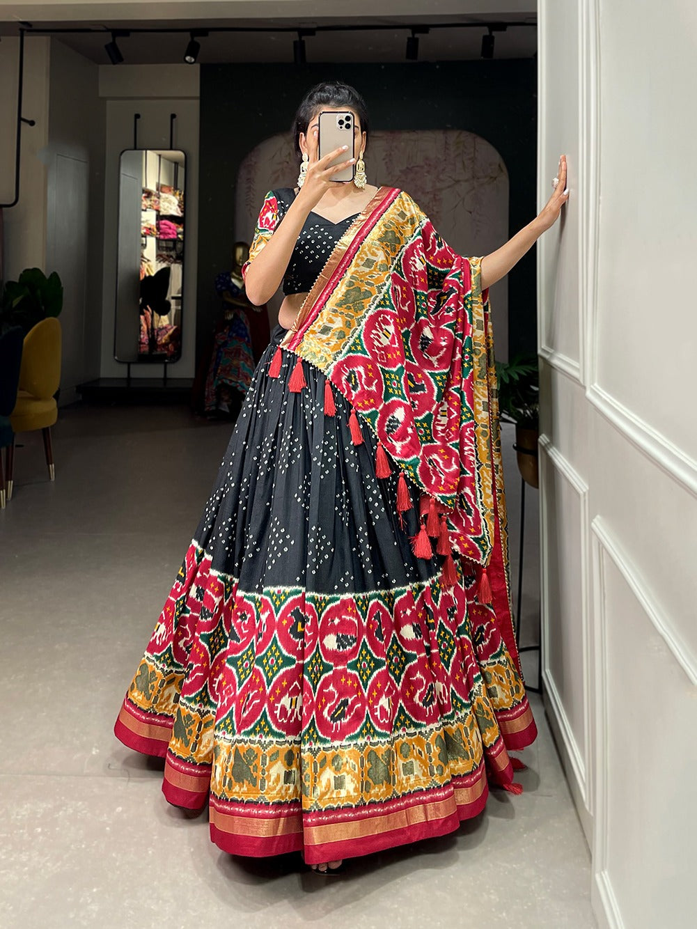 Women's wear Ghagra choli Tussar silk fabric with Patola print work lehenga with Dupatta
