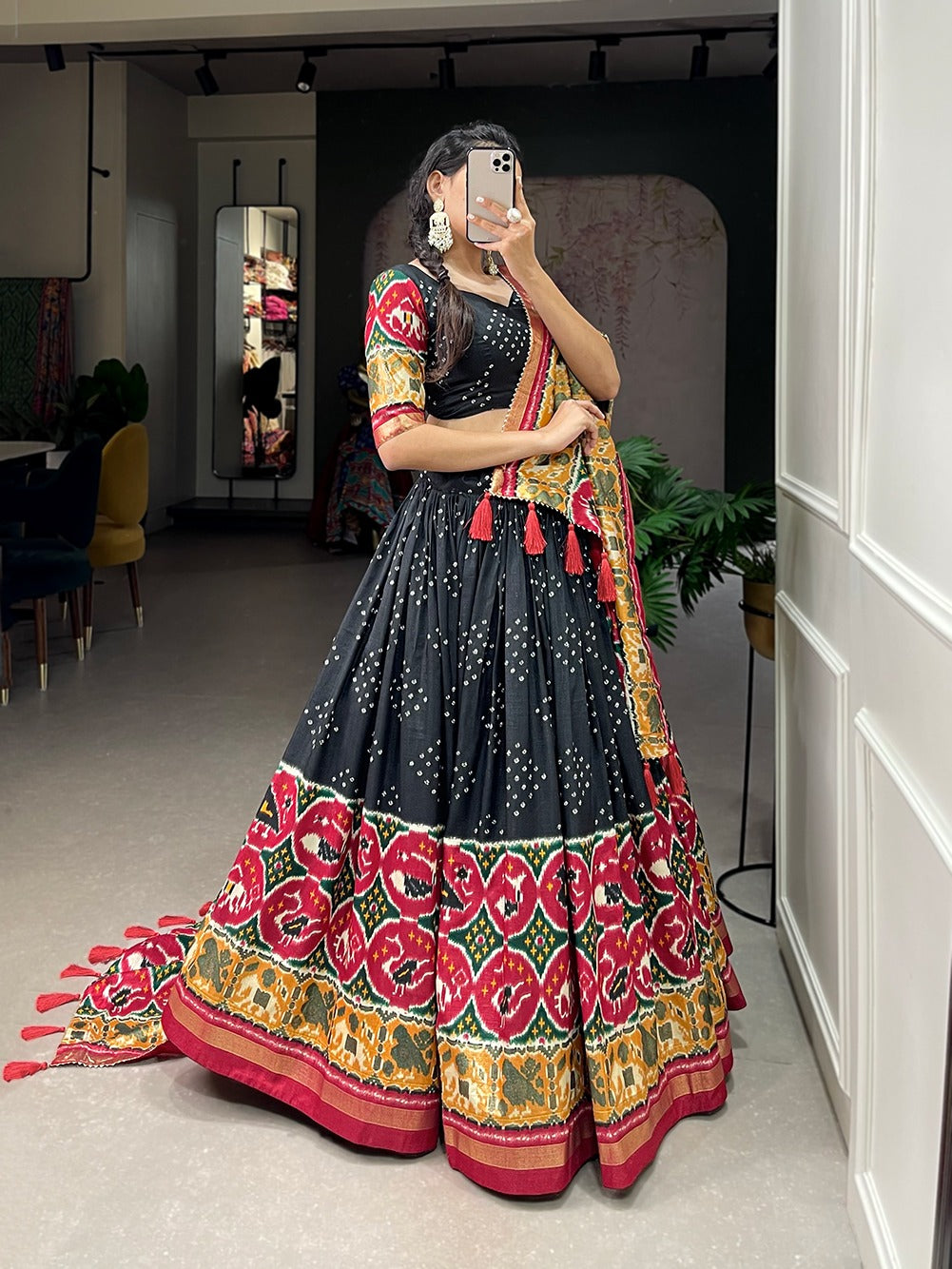 Women's wear Ghagra choli Tussar silk fabric with Patola print work lehenga with Dupatta