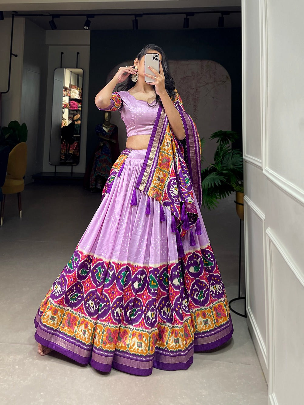 Women's wear Ghagra choli Tussar silk fabric with Patola print work lehenga with Dupatta