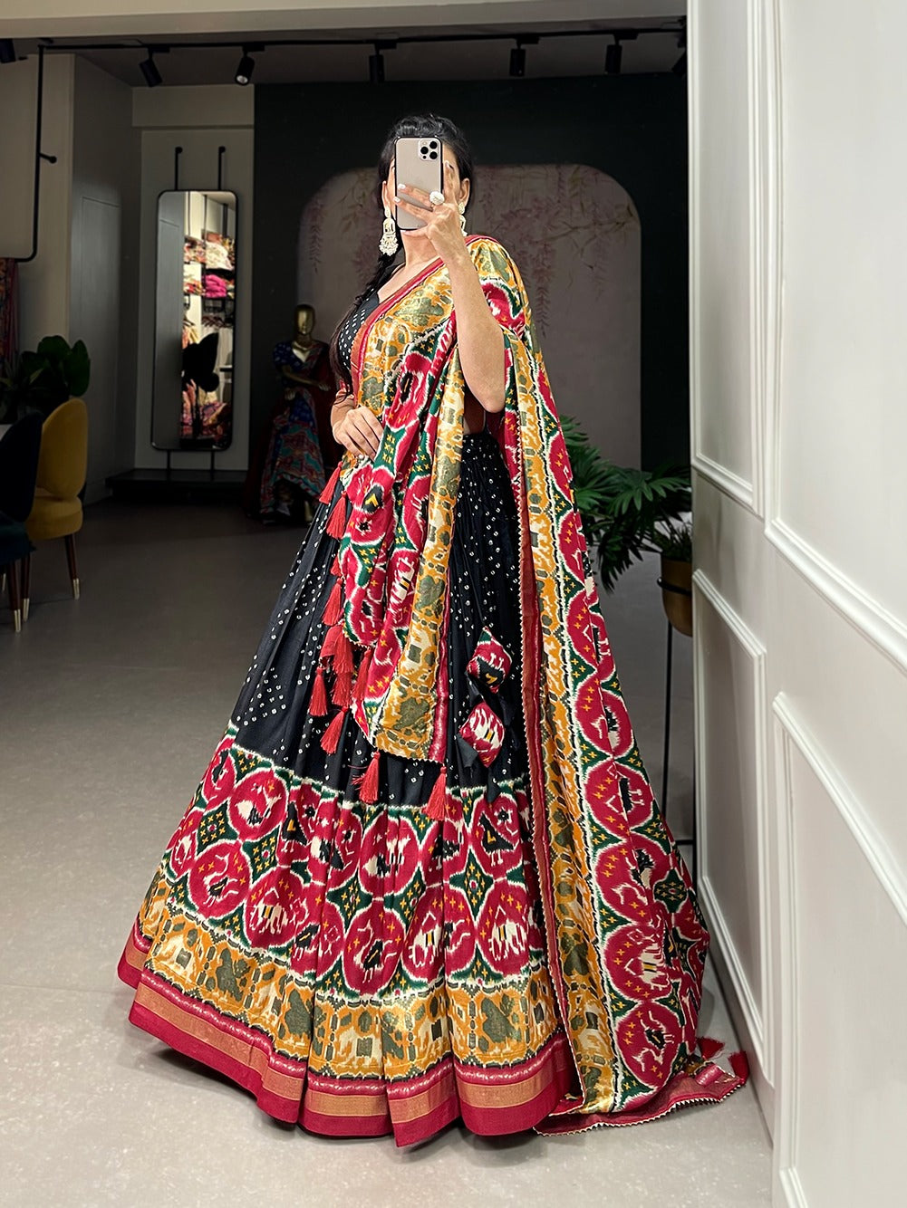 Women's wear Ghagra choli Tussar silk fabric with Patola print work lehenga with Dupatta